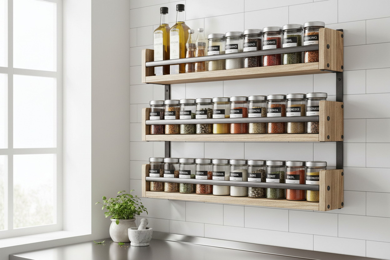 Wall-Mounted Spice Rack (Wood + Metal Look)